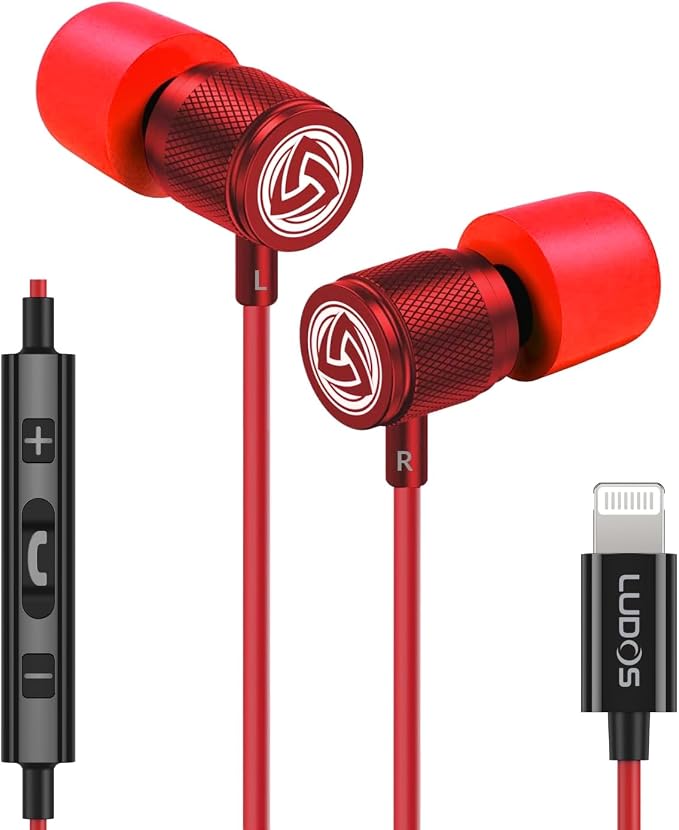 LUDOS Ultra iPhone Wired Headphones Earbuds Earphones with Lightning Connector Apple MFi Certified, 5 Years Warranty, for iPhone 14 13 12 11 Pro Max X XS XR 8 7 Plus with Microphone Control - Red by Ludos