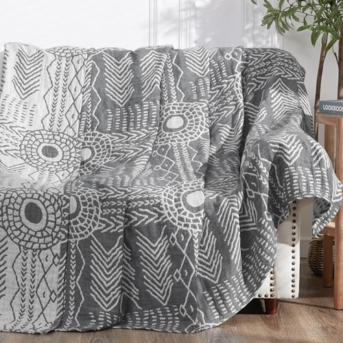 jinchan 100% Cotton Muslin Blanket Twin Boho Throw Blanket 60x80 Gray by JINCHAN