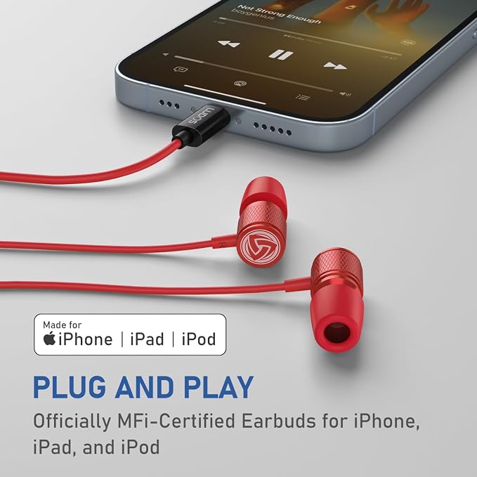 LUDOS Ultra iPhone Wired Headphones Earbuds Earphones with Lightning Connector Apple MFi Certified, 5 Years Warranty, for iPhone 14 13 12 11 Pro Max X XS XR 8 7 Plus with Microphone Control - Red - Image 5