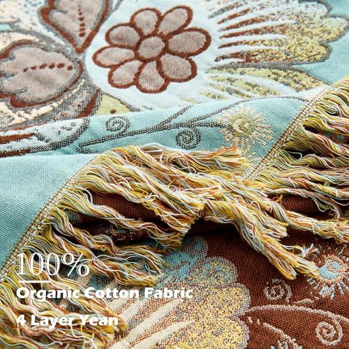 VANJOROY Boho Throw Blanket 60" x 80", 100% Organic Cotton Breathable Skin-Friendly Ultra Soft Bed Quilt Blue Throw - Floral Rustic Decor Luxury Reversible Blanket for Sofa Couch Chair and Gift, - Image 6