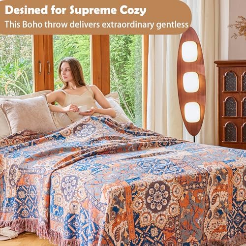 VANJOROY Boho Throw Blanket for Bed Couch 91" x 98", 100% Organic Cotton Skin-Friendly Ultra Soft Quilt Throw - Floral Rustic Living Room Decor Luxury Reversible Blanket for Sofa Chair and Gift - Image 4