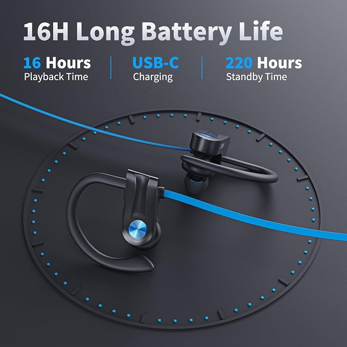 JOYWISE Wireless Headphones Bluetooth 5.3 Headphones with 16 Hours Playtime, Over-Ear Stereo Bass Earphones with Earhooks Headset, Sports Earbuds with Storage Bag for Running, Blue - Image 5