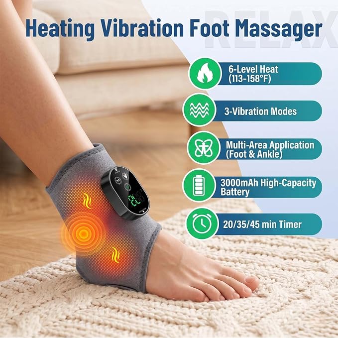 Foot Massager for Neuropathy Plantar Fasciitis Pain Relief, Cordless Heated Vibrating Wrap-Around Ankle Feet Massager,3 Modes,6 Heat Levels,Adjustable Timer,Portable for Home Travel (Gray) - Image 2