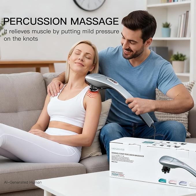 MEGAWISE Handheld Back Massager | Deep Tissue Percussion Massage for Back, Neck, Shoulders, Waist and Legs (Silver Grey) with 6ft Power Cord, Ergonomic Handle - Image 2