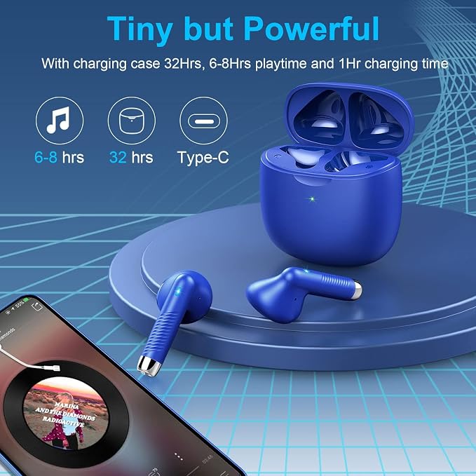 Wireless Earbuds, Bluetooth 5.4 Earbuds Stereo Bass, Bluetooth Headphones | in Ear Noise Cancelling Mic, Earphones IP7 Waterproof Sports, 32H Playtime USB C Charging Case Blue Ear Buds for Android iOS - Image 7