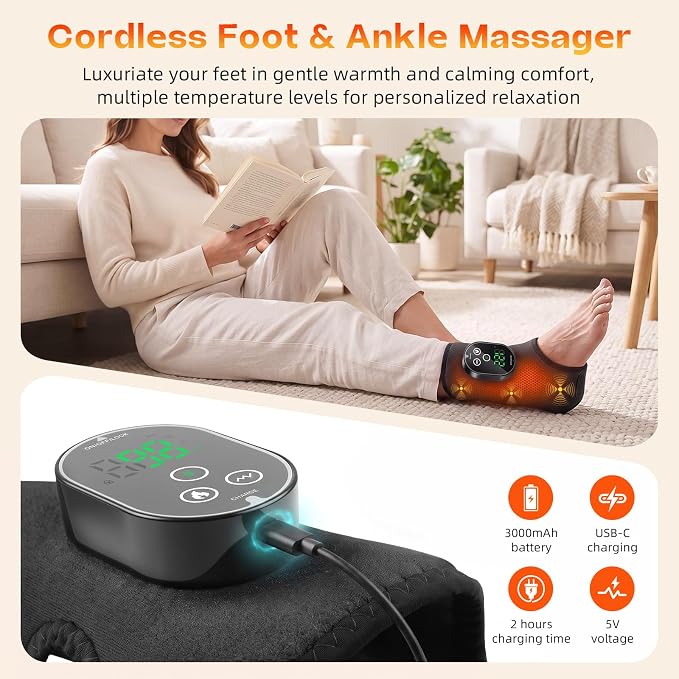 Foot Massagers - Cordless Ankle Massager with Heat for Neuropathy Pain Relief,3 Heat & Vibration Levels for Heel, Arch & Ankle Relief for Circulation and Pain Relief, Ankles Heating Pad -Black 1pcs - Image 4