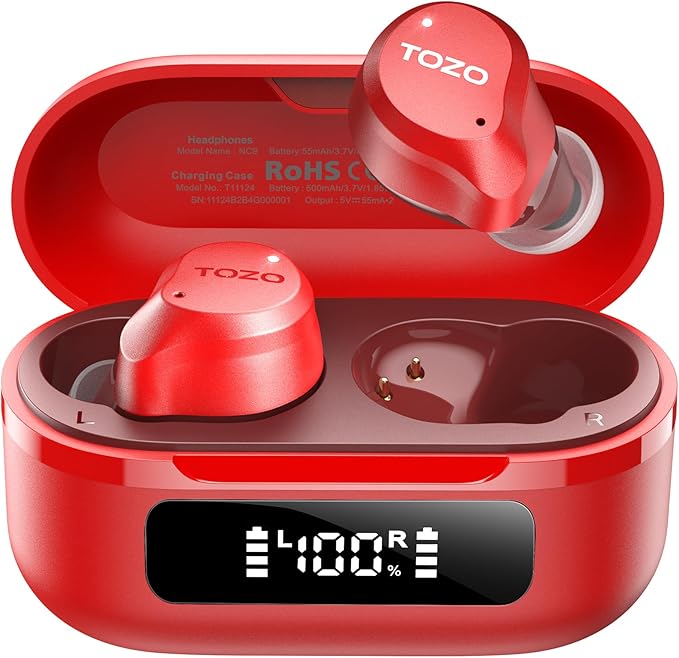 TOZO NC9 Hybrid Active Noise Cancelling Wireless Earbuds, 60H, LED Display | 6 Mic ENC Clear Calls, Deep Bass Sound, IPX8, in Ear Bluetooth 5.3 Headphones,32 EQs via APP, Comfort Fit Ear Buds, Red by TOZO