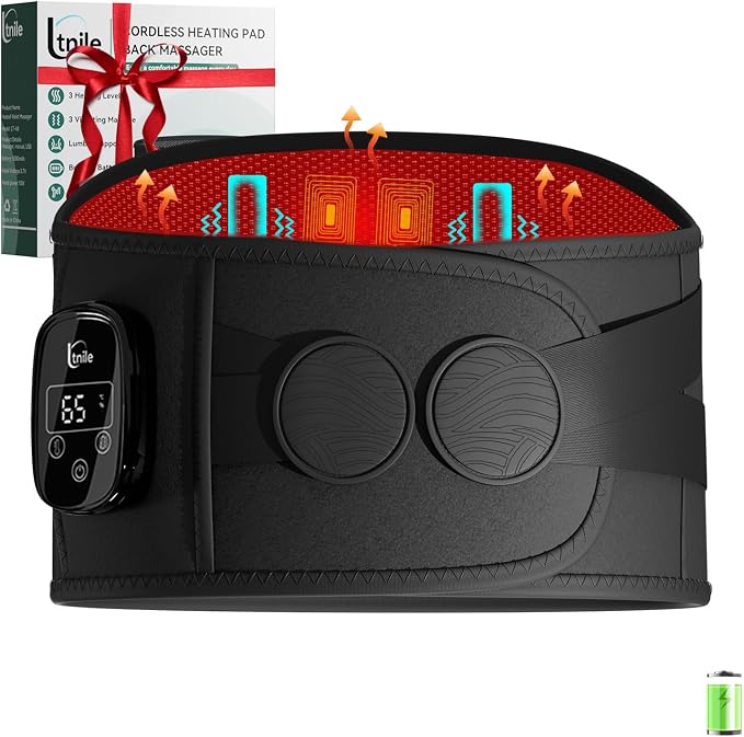 Cordless Portable Heating Pad with Massager for Back Pain Relief,5000mAh Rechargeable Lower Back Massager with 3 Heat 3 Vibration,Wireless Heating Pad for Cramps,Back Support Heat Massage Belt by Unknown