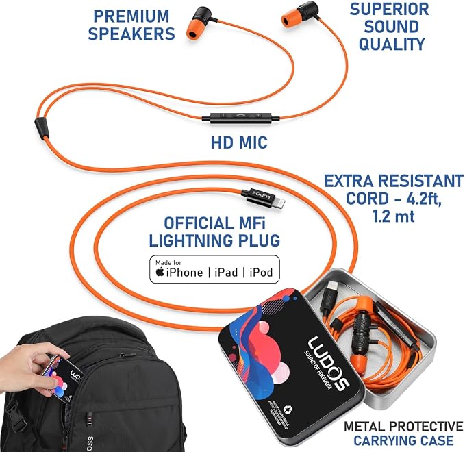 LUDOS Ultra iPhone Wired Headphones Earbuds Earphones with Lightning Connector Apple MFi Certified, 5 Years Warranty, for iPhone 14 13 12 11 Pro Max X XS XR 8 7 Plus with Microphone Control - Orange - Image 2