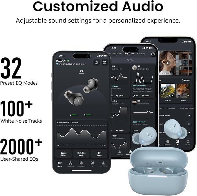 TOZO A1 Wireless Earbuds Bluetooth 5.3 Light Weight in Ear Headphones | IPX5 Waterproof,2 Mics for AI Calls,Immersive Premium Sound Bass Headset with Charging Case,32 EQ via App Blue - Image 8