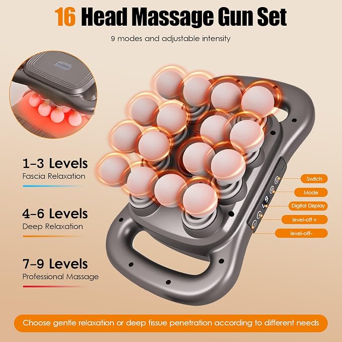 2026 16 Head Massage Gun Deep Tissue – Multi Head Massage Gun, 2600mAh Electric Percussion Massager with 9 Modes & Levels, Portable Massager for Legs, Waist, Back, Neck & Muscles - Image 5