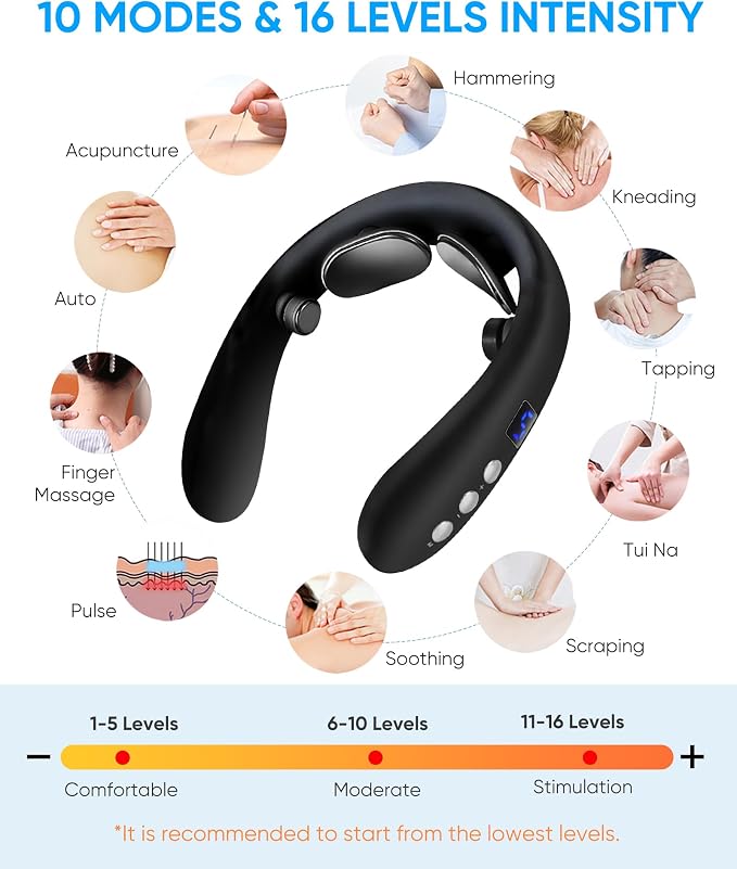 Electric Neck Massager with Heat - 10 Modes & 16 Levels, Portable for Travel, Perfect for Relaxation，Black - Image 7