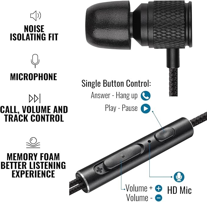LUDOS Ultra Wired Earbuds in-Ear Headphones, 5 Years Warranty, Earphones with Microphone, Noise Isolating Ear Buds, Memory Foam for iPhone, Samsung, School Students, Kids, Women, Small Ears - Black - Image 2