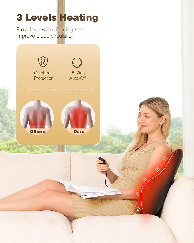 KINGJOY Back Massager for Pain Relief Deep Tissue, Full Back Massager with Heat, 3D Kneading Massage Pillow with 3 Intensities for Back, Neck, Shoulder, Spot Massage, Gifts for Women Man - Image 3