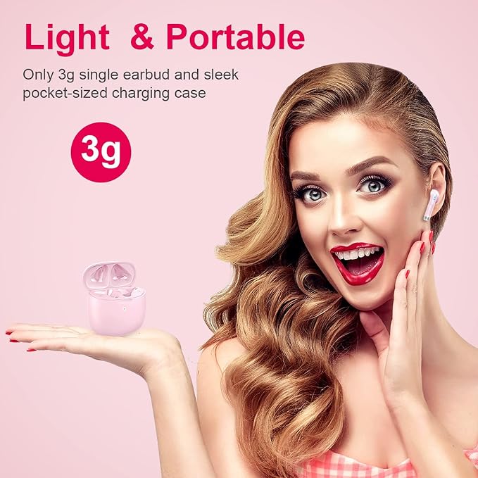 Wireless Earbuds, Bluetooth 5.4 Earbuds Stereo Bass, Bluetooth Headphones | in Ear Noise Cancelling Mic, Wireless Earphones IP7 Waterproof Sports, 32H Playtime Mini USB C Charging Ear Buds Light Pink - Image 4