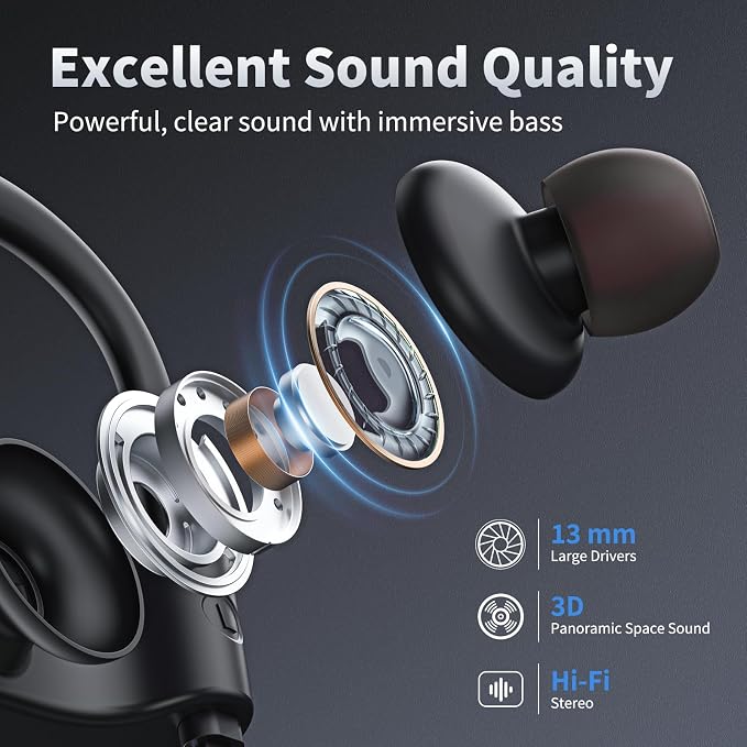 JOYWISE Bluetooth Headphones, Wireless Earbuds Bluetooth 5.3 Headphones with 16Hrs Playtime Stereo Bass Headsets, IPX7 Waterproof Running Earphones for Sports, Black - Image 4