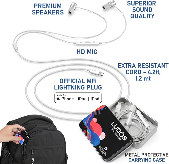 LUDOS Ultra iPhone Wired Headphones Earbuds Earphones with Lightning Connector Apple MFi Certified, 5 Years Warranty, for iPhone 14 13 12 11 Pro Max X XS XR 8 7 Plus with Microphone Control - White - Image 2