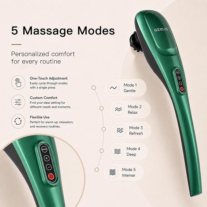 MEGAWISE Cordless Handheld Back Massager w/Rechargeable 3200mAh Battery, 5 Speed and 5 +2 Massage Nodes with Hard, Medium and 2 Soft Silicone Nodes; Massage While Moving Around (Dark Green) - Image 3