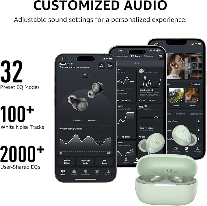 TOZO A1 Wireless Earbuds Bluetooth 5.3 Light Weight in Ear Headphones | IPX5 Waterproof,2 Mics for AI Calls,Immersive Premium Sound Bass Headset with Charging Case,32 EQ via App Green - Image 5