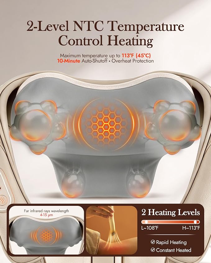 Neck Massager with Heat Cordless: Shiatsu Back Shoulder Massage Tools for Pain Relief Deep Tissue Electric 4D Kneading for Muscle Remedy Lymphatic Drainage Gifts for Men Women Mom Dad (Brown) - Image 4