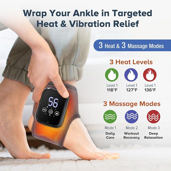 2 Pack Cordless Ankle Massager with Heat, FSA Eligible Heated Foot Massager for Neuropathy, Ankle Heating Pad with Massage, Triple Therapy Ankle Wrap for Plantar Fasciitis, Gray - Image 2