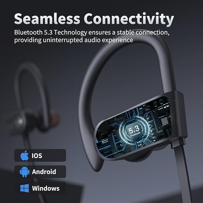 JOYWISE Bluetooth Headphones, Wireless Earbuds Bluetooth 5.3 Headphones with 16Hrs Playtime Stereo Bass Headsets, IPX7 Waterproof Running Earphones for Sports, Black - Image 6