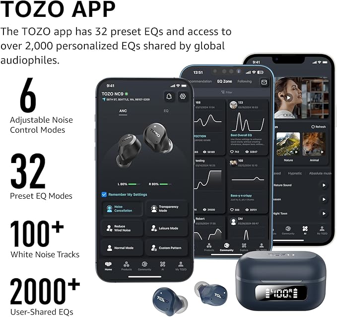TOZO NC9 Hybrid Active Noise Cancelling Wireless Earbuds, 60H, LED Display | 6 Mic ENC Clear Calls, Deep Bass Sound, IPX8, in Ear Bluetooth 5.3 Headphones,32 EQs via APP, Comfort Fit Ear Buds, Blue - Image 6