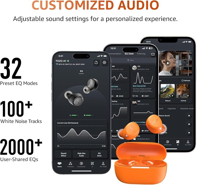 TOZO A1 Wireless Earbuds Bluetooth 5.3 Light Weight in Ear Headphones | IPX5 Waterproof,2 Mics for AI Calls,Immersive Premium Sound Bass Headset with Charging Case,32 EQ via App Orange - Image 7
