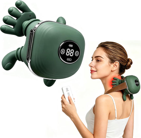 Shoulder & Neck Massager with Heat, 4D Simulated Hand Shiatsu Neck and Back Massager, 10-Node Deep Tissue Shoulder Massager with Remote Control, 3 Speed Levels, Cordless Portable