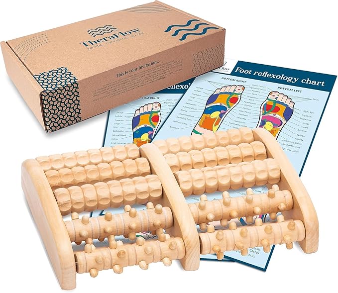 TheraFlow Foot Massager for Plantar Fasciitis Relief - Mom Gifts for Women & Gifts for Dad, Wooden Foot Roller Massager with Deep Tissue & Reflexology Nubs (Includes Reflexology Chart) by TheraFlow
