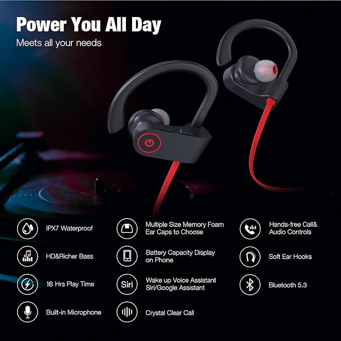 Boean Bluetooth Headphones, Wireless Running Headphones for Workout | Wireless Bluetooth 5.3 Earbuds, IPX7 Waterproof, 16 Hrs Playtime, Stereo Sound Isolation Headsets for Gym - Image 2