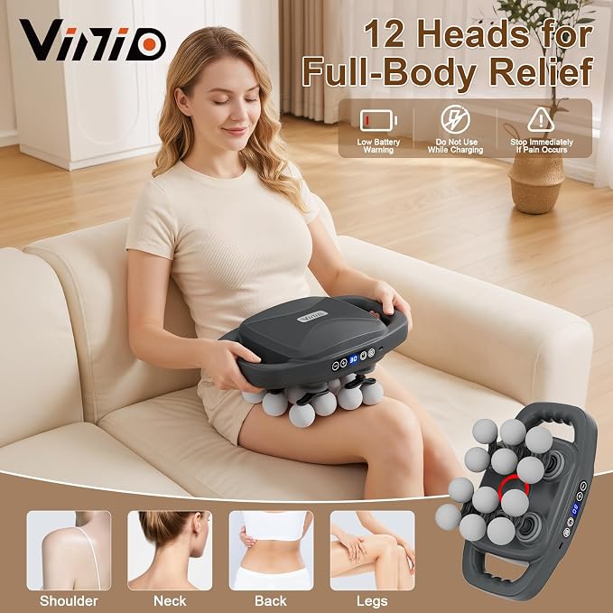 Vinid Cordless Neck and Back Massager with Heat, 12 Professional Massage Heads, 30 Adjustable Intensity Levels, 3 Massage Modes for Deep Tissue Relief, Includes Bonus 4 Heads & Shoulder Strap - Image 2