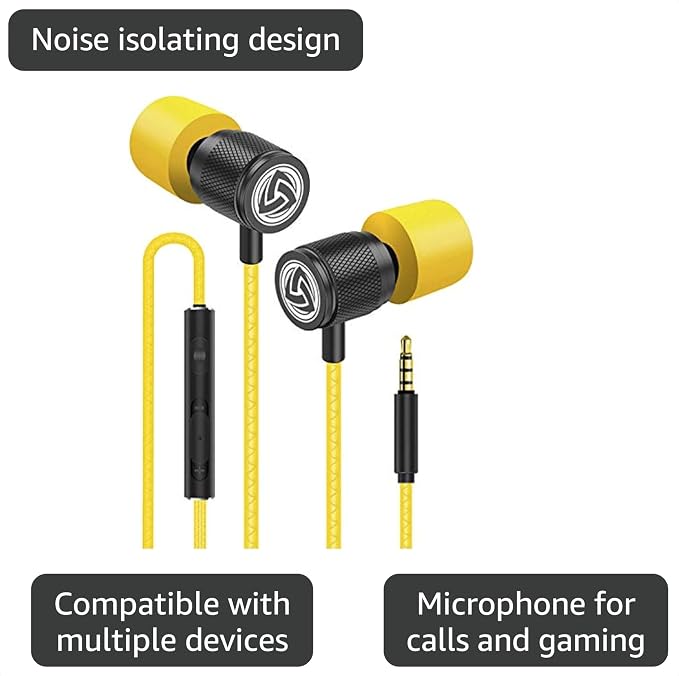 LUDOS Ultra Wired Earbuds in-Ear Headphones, 5 Years Warranty, Earphones with Microphone, Noise Isolating Ear Buds, Memory Foam for iPhone, Samsung, School Students, Kids, Women, Small Ears - Yellow - Image 3