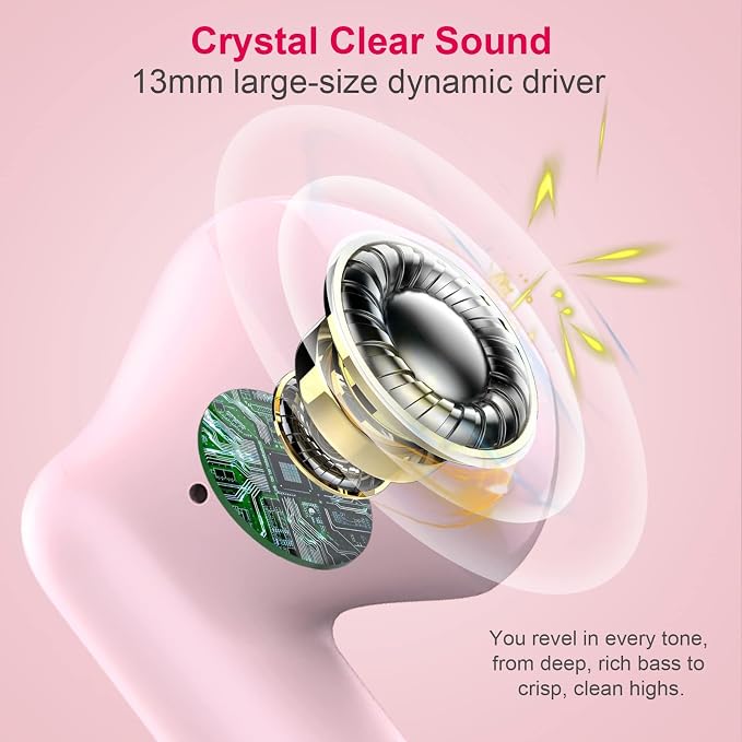 Wireless Earbuds, Bluetooth 5.4 Earbuds Stereo Bass, Bluetooth Headphones | in Ear Noise Cancelling Mic, Wireless Earphones IP7 Waterproof Sports, 32H Playtime Mini USB C Charging Ear Buds Light Pink - Image 2