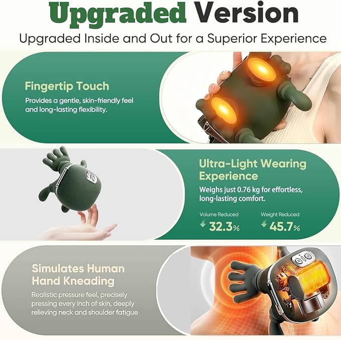 Neck Massager with Hands, Bionic Heated Shiatsu Neck & Back Massager 4D Wireless Portable Deep Tissue Electric Massage & Human Hand Simulation Heat Function for Neck Shoulder & Back Relaxation (Green) - Image 4