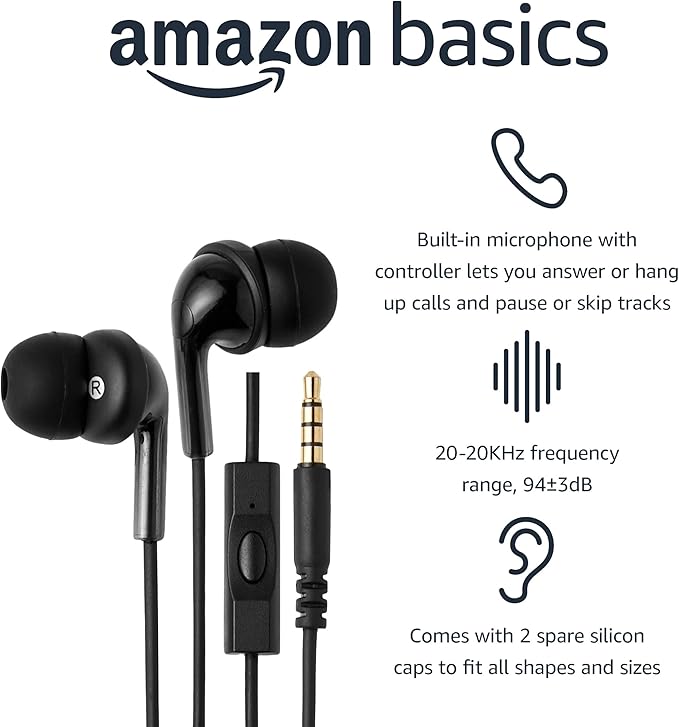Amazon Basics Wired Earbuds with Microphone, In-Ear Headphones, 3.5mm Jack, High Definition Sound, Secure Fit, 4.2 ft Cable, S/M/L Ear Tips, Black - Image 2