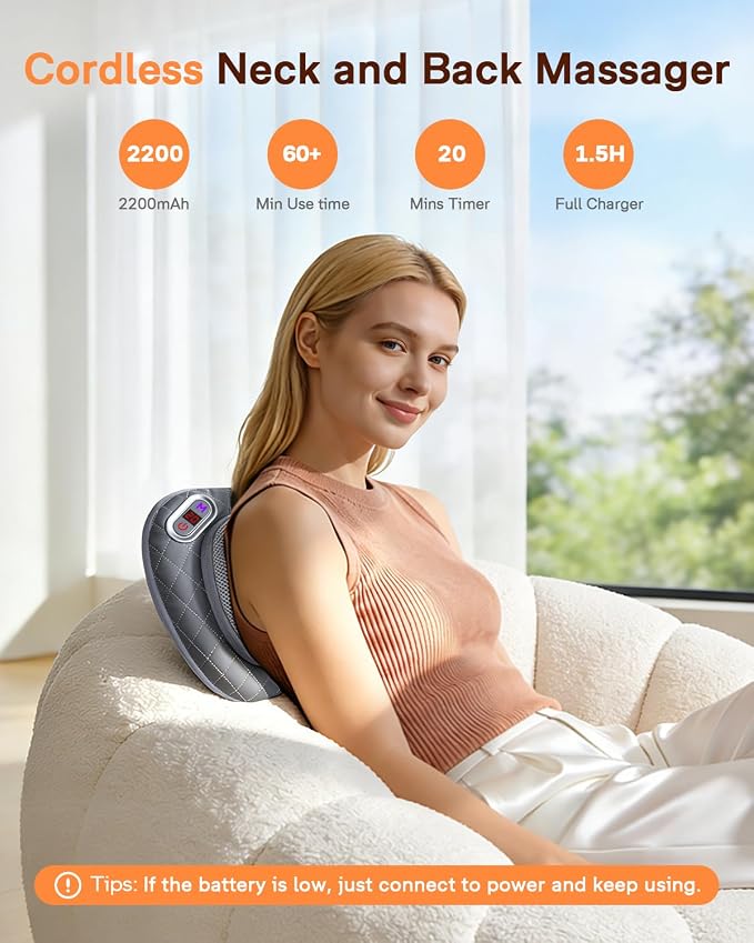 ALLJOY Cordless Neck and Back Massager with Heat & LCD Display - Rechargeable Shiatsu Massage Pillow for Muscle Pain Relief, Use While Charging, Gifts for Women Men - Image 2