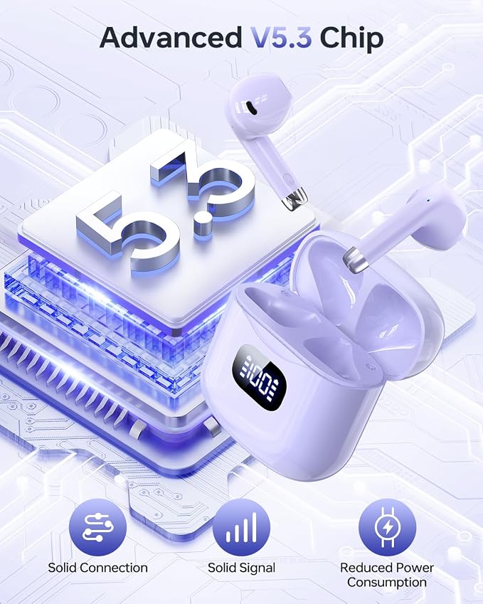 KTGEE Wireless Earbuds Bluetooth 5.3 Ear Buds Headphones, 40Hrs Playback | Stereo Sound, LED Display, IPX7 Waterproof, Compact In-ear Earphones with Mic for Phone Tablet Laptop Sport, Lilac - Image 6