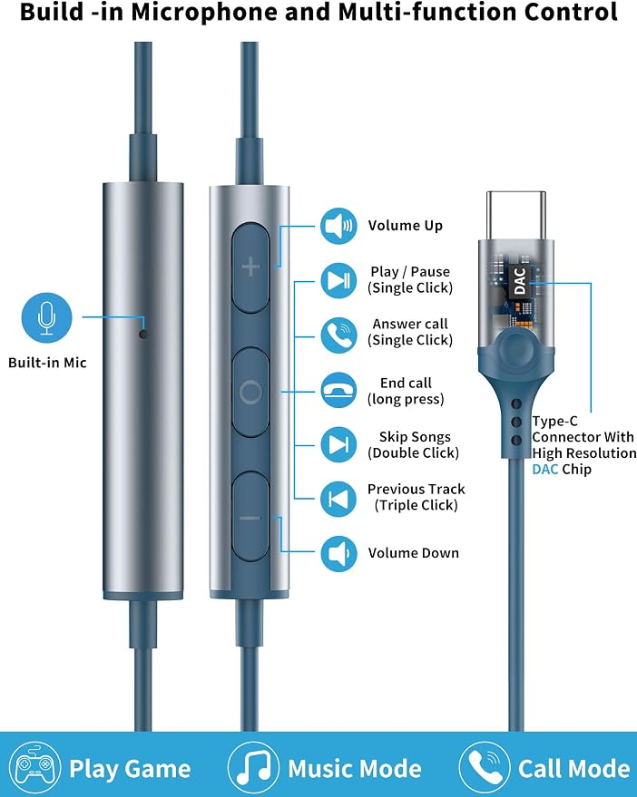 USB C Headphone for Samsung S26 S25 FE S24 A16 A17 Z Wired Earbuds Magnetic | in-Ear Type C Earphone with Microphone Volume Control Bass Stereo Noise Canceling for iPhone 17 Pro Max 16 16e 15 Pixel 10a 9 - Image 3