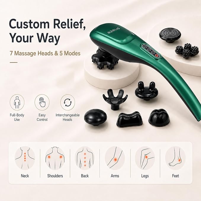 MEGAWISE Cordless Handheld Back Massager w/Rechargeable 3200mAh Battery, 5 Speed and 5 +2 Massage Nodes with Hard, Medium and 2 Soft Silicone Nodes; Massage While Moving Around (Dark Green) - Image 2