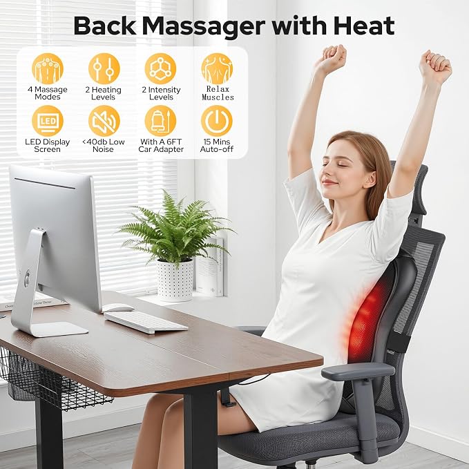 Shiatsu Back Massager with Heat: Upper & Lower Full Back Massager for Chair - Image 4