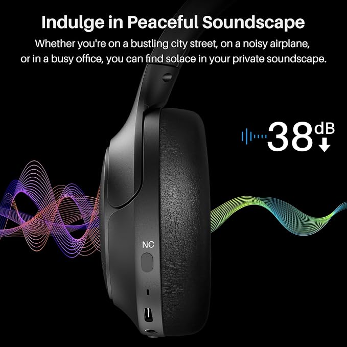 TOZO Hybrid Active Noise Cancelling Headphones, Hi Res Audio | Wireless Over Ear Bluetooth Headset, 60H Playtime, Custom EQ via App Deep Bass Comfort Fit Ear Cups, for Home Office Travel - Image 3