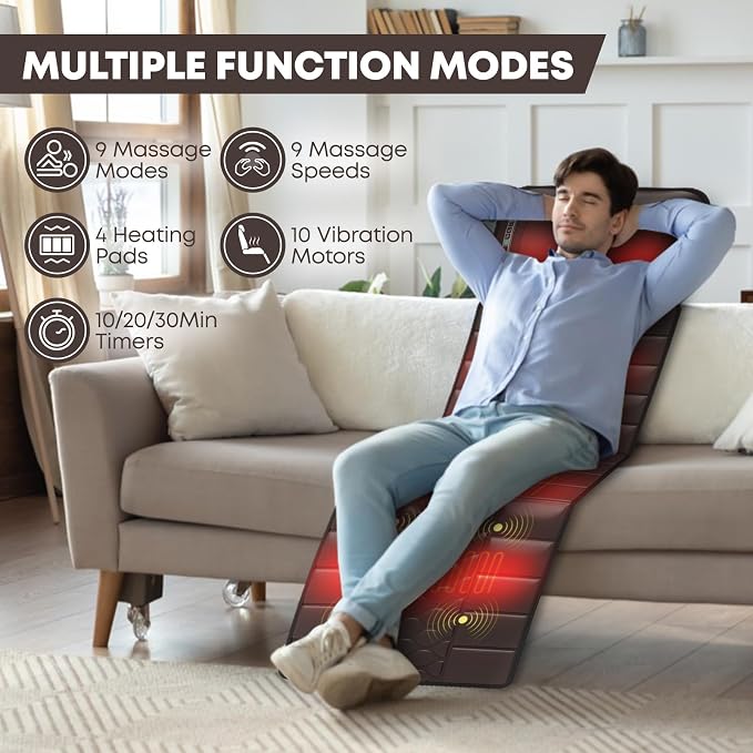 Massage Mat, Detachable Neck Massager, Full Body Vibration Heating, Massage Pad with 10 Vibrating Motors and 9 Speed Settings for Home Office Use, Gift for Men Women Parents,Brown - Image 2