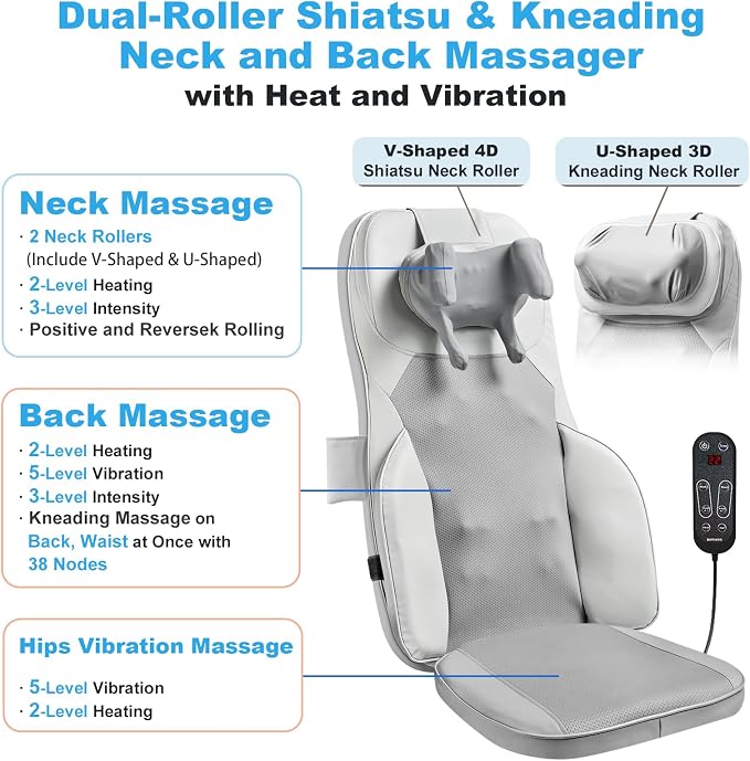 Back Massager for Chair with Dual Neck Modules and Heat, Grey - Image 3
