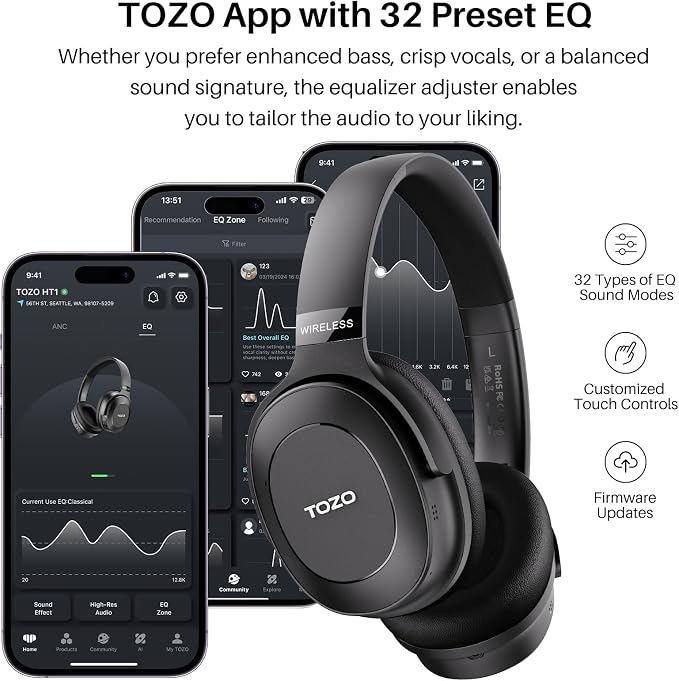 TOZO Hybrid Active Noise Cancelling Headphones, Wireless Over Ear Bluetooth Headset, 40H Playtime, Hi-Res Audio Custom EQ via App Deep Bass Comfort Fit Ear Cups, for Home Office Travel Black - Image 5