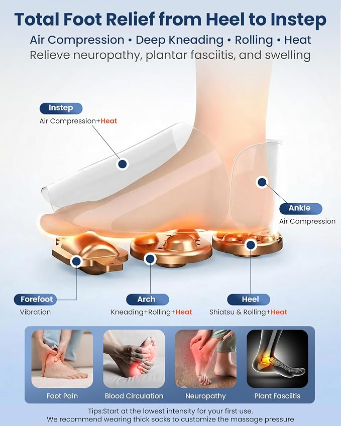 COMFIER 2026 Upgrade Shiatsu Foot Massager,Feet Massager for Neuropathy Plantar Fasciitis Relief,3 Kneading,3 Heat,3 Vibration & 5 Compression, Fit Up to 14,Relax for Home Office Use - Image 5