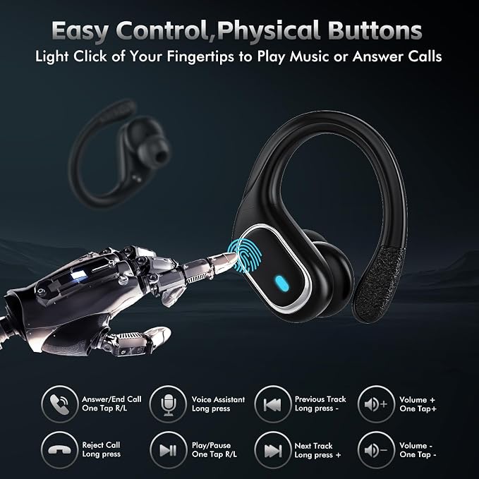 HAOYUYAN Wireless Earbuds Bluetooth 5.3 Headphones with 80H Playback, IPX7 Waterproof Over Ear Buds with LED Power Display for Sports Running Workouts Gray Black - Image 6