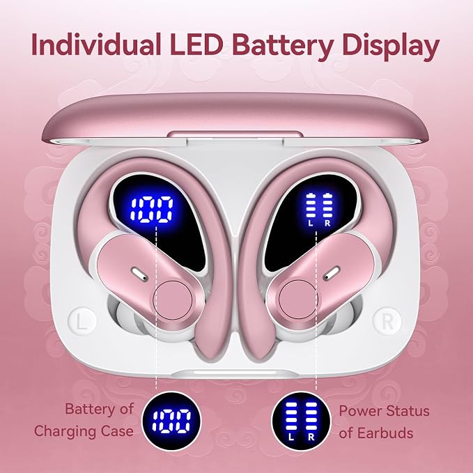 Active Noise Cancelling Ear Buds Wireless Earbuds 80H Playtime Bluetooth Headphones with LED Display Case, Hi-Res Audio Clear Calls Earphones with Over Ear Hooks for Running Gym Workout Rose Gold - Image 5