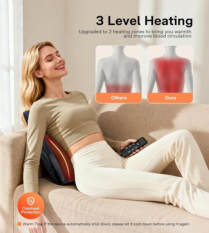 ALLJOY Heated Back Massager for Back Pain Relief, Deep Tissue Shiatsu Lumbar Support Pillow with 3 Massage Modes, 3 Intensity Levels & 3 Timer Settings for Office Chair Home, Fathers Day Gift for Dad - Image 2