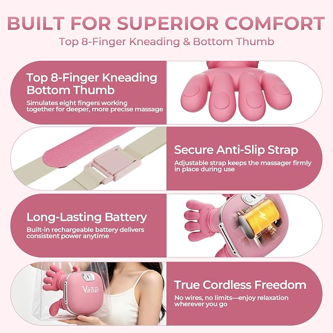 Vinid Bionic Neck and Shoulder Massager with Heat, 4D Kneading Massage, Simulated Human Hand Design for Pain Relief and Muscle Relax, Neck Massager Pillow Ideal for Valentines Gift, Pink - Image 3